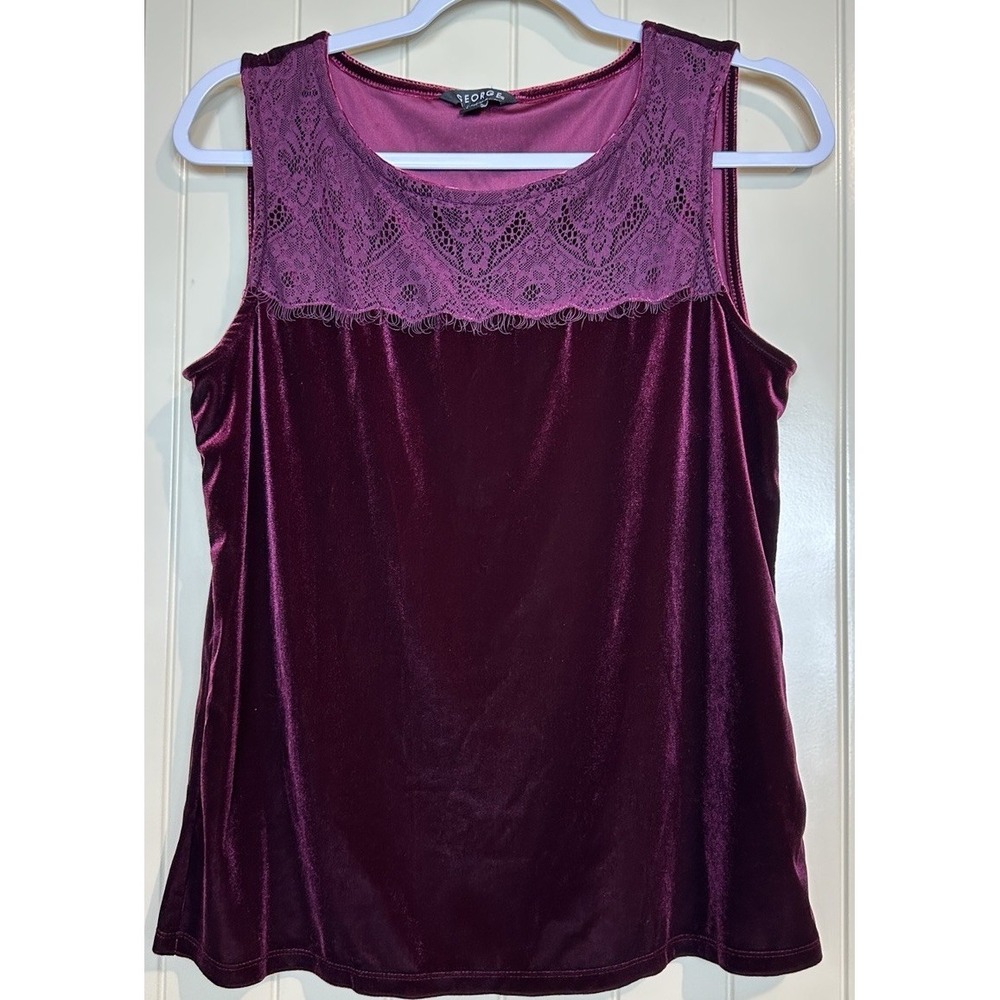 Red Wine Velvet Velour Round Neck sleeveless lace romantic whimsy goth top Sz M